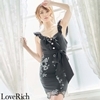 <Love Rich>花柄刺繍フリルリボンミニドレス パールボタン立体花キャバドレス(ブラック)
